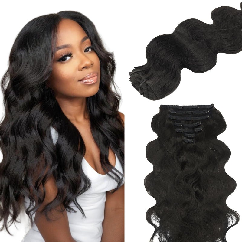 Lashey Body Wave Clip in Hair Extensions for Black Women 20 Inch 7pcs 120g Natural Black Remy Human Hair Extensions Thick Hair with Lace Weft Clip Ins